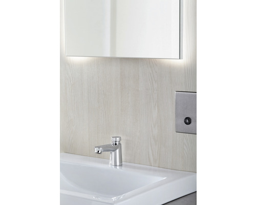 Lavabo avec robinet sous une armoire de toilette avec éclairage