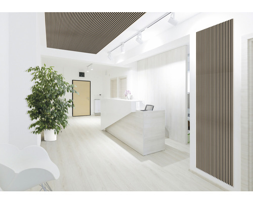 Espace de réception lumineux avec plafond à lamelles en bois, comptoir d''accueil blanc et plante d''intérieur.