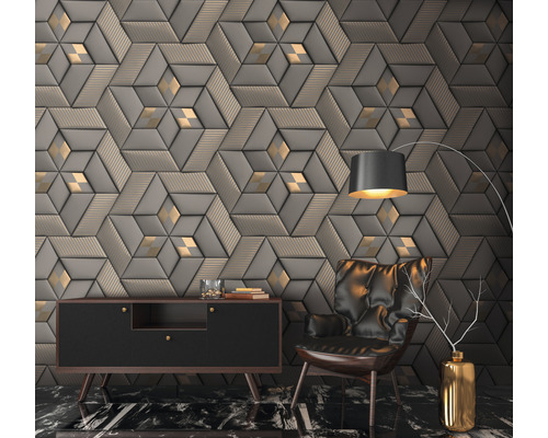 Salon avec revêtement mural tridimensionnel, buffet, fauteuil et lampadaire