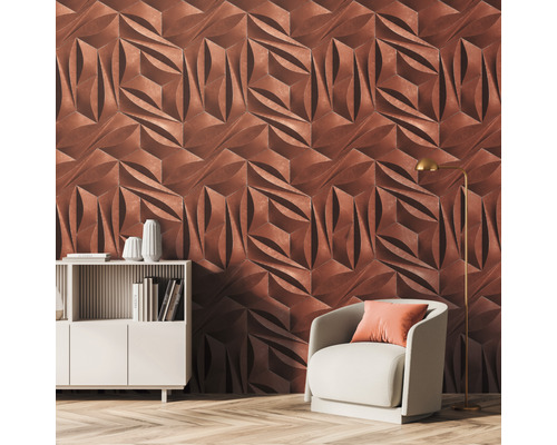 Salon avec panneau mural tridimensionnel, fauteuil et bibliothèque