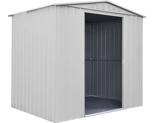 Abri de jardin en métal avec porte ouverte