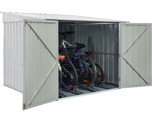 Garage à vélos en métal avec vélos et portes ouvertes