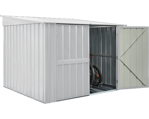 Abri de jardin métallique avec portes ouvertes et vélo à l''intérieur.