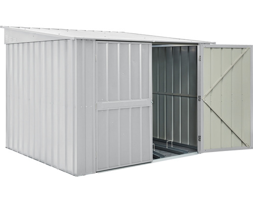 Abri de jardin en métal avec portes ouvertes