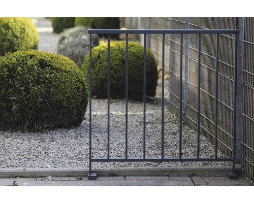 Metallzaun im Garten mit Kiesboden und Buchsbaum