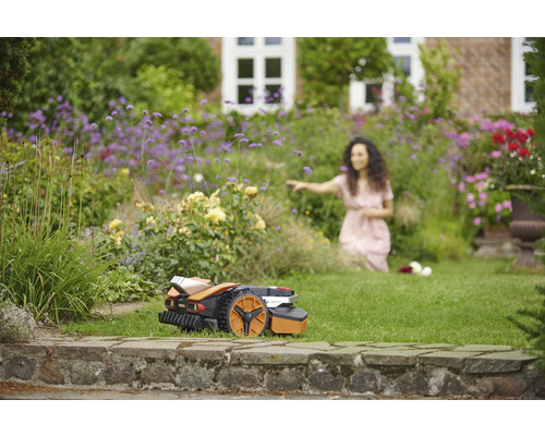 Robot tondeuse dans un jardin avec des fleurs épanouies et une femme