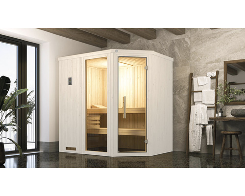 Sauna modulaire Weka Varberg 1 avec poêle 7,5 kW et commande digitale avec fenêtre et porte entièrement vitrée couleur graphite