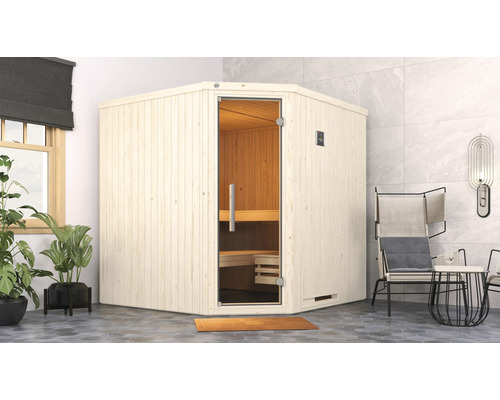 Sauna modulaire Weka Varberg 3 avec poêle 7,5 kW et commande digitale avec porte entièrement vitrée blanc