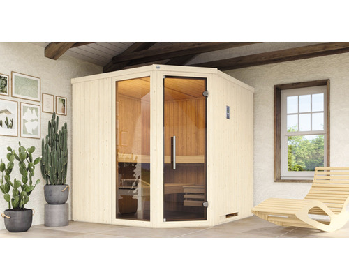 Sauna modulaire Weka Varberg 3 avec poêle bio 7,5 kW et commande digitale avec fenêtre et porte entièrement vitrée couleur graphite