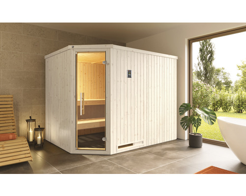 Sauna modulaire Weka Varberg 4 avec poêle bio 7,5 kW et commande digitale avec porte entièrement vitrée couleur graphite