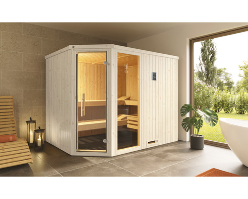 Sauna modulaire Weka Varberg 4 avec poêle 7,5 kW et commande digitale avec fenêtre et porte entièrement vitrée couleur graphite