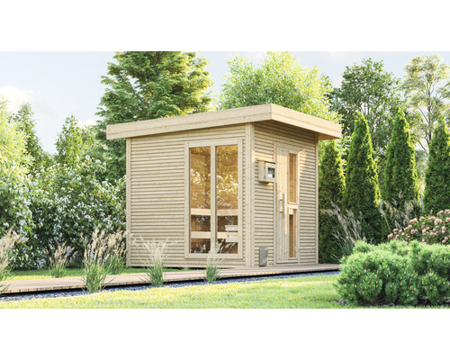 Garten mit einer modernen Holzsauna mit grossen Fenstern und Holzboden