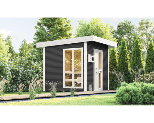 Saunahaus Weka Kuopio ohne Ofen mit Fenster und Holztüre mit Isolierglas wärmegedämmt anthrazit/weiß Moderne Gartensauna mit Fenster und Tür auf Holzterrasse