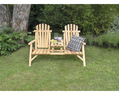 Banc double en bois avec table intégrée dans le jardin
