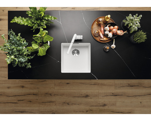 Küchenszene mit Spüle, Armatur, Kräutern, Zwiebeln und Holzboden