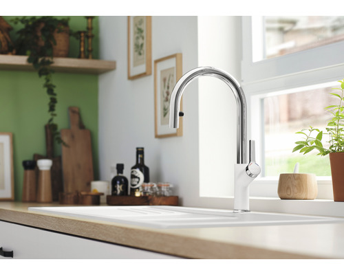 Scène de cuisine avec évier, robinet et décoration