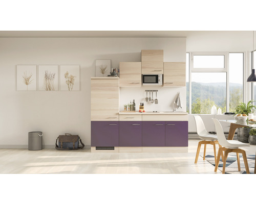 Bloc cuisine complète équipée Flex Well Focus 210 cm façade acacia aubergine mate, corps acacia variante réversible démonté