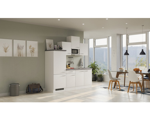 Cuisine compacte dans un espace de vie lumineux et spacieux avec table à manger