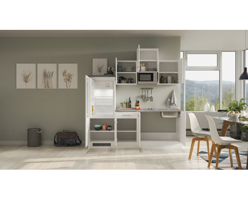 Cuisine équipée avec réfrigérateur, évier et placards suspendus dans une pièce lumineuse