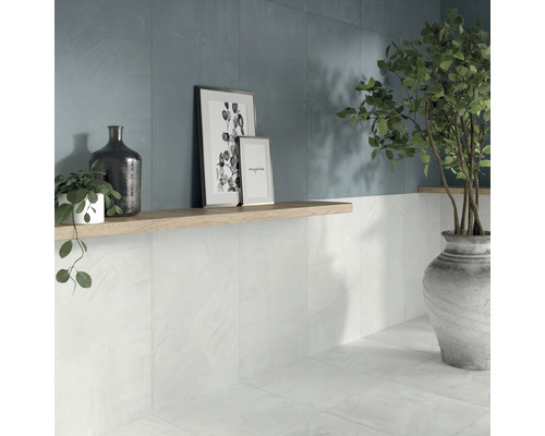 Badezimmer mit weißen Wand- und Bodenfliesen, dekoriert mit Pflanzen und Bilderrahmen auf einem Regal.