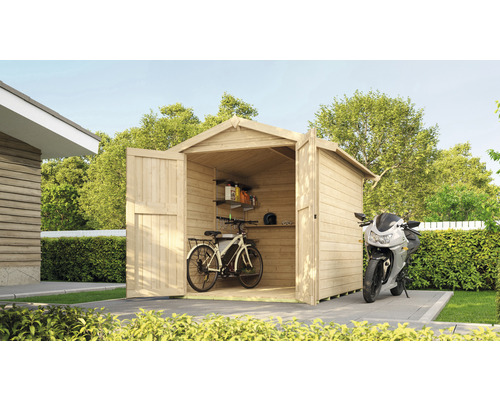 Abri de jardin en bois avec portes ouvertes, moto et vélo