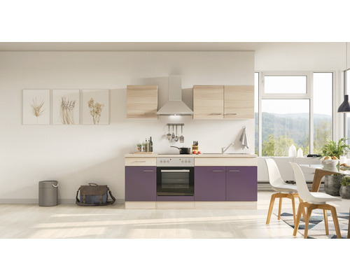 Bloc cuisine complète équipée Flex Well Focus 210 cm façade acacia aubergine mate, corps acacia variante réversible démonté