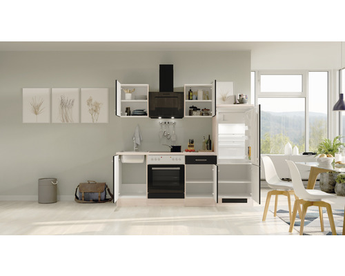 Cuisine complète avec évier, cuisinière, hotte aspirante et réfrigérateur dans une pièce lumineuse