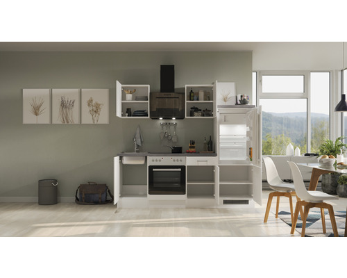 Cuisine complète avec appareils électroménagers, évier, armoires et hotte aspirante