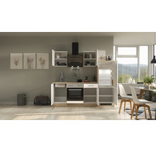 Cuisine complète avec évier, cuisinière, four, hotte et réfrigérateur pour un aménagement de cuisine fonctionnel.