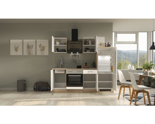 Cuisine complète avec évier, cuisinière, four, hotte et réfrigérateur pour un aménagement de cuisine fonctionnel.