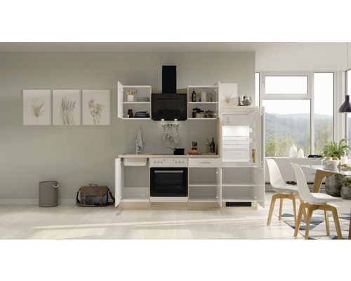 Cuisine complète avec appareils électroménagers, évier, cuisinière, four et hotte aspirante dans une pièce lumineuse