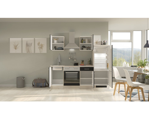 Cuisine moderne avec évier, cuisinière, hotte aspirante, armoires et réfrigérateur dans une pièce lumineuse.