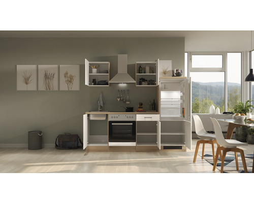 Cuisine complète avec évier, cuisinière, four, hotte aspirante, placards hauts et réfrigérateur dans une pièce lumineuse et moderne.