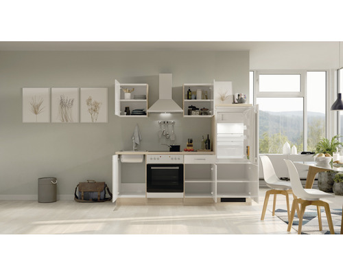 Cuisine intégrée avec évier, cuisinière, hotte et réfrigérateur dans une pièce lumineuse.