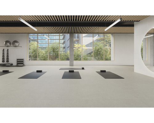 Heller Fitnessraum mit Yogamatten und Trainingsgeräten vor einer Fensterfront