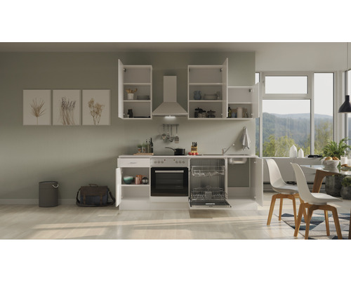 Cuisine claire avec placards intégrés, évier, lave-vaisselle et appareils électriques