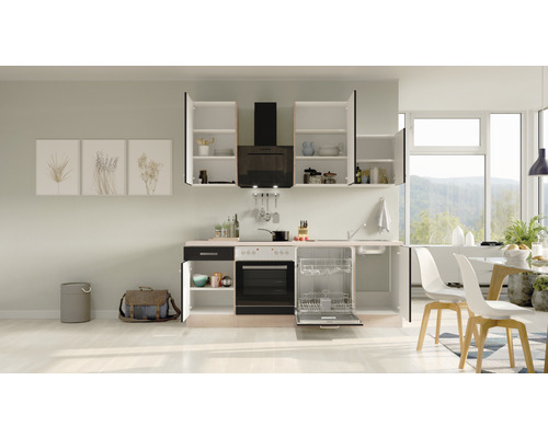 Moderne Küche mit Einbauschränken, Dunstabzugshaube, Geschirrspüler und Essbereich