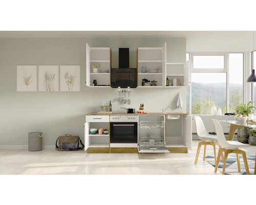 Moderne Küche mit weißen Schränken, Dunstabzugshaube und Geschirrspüler in einem hellen Raum.