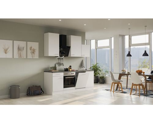 Helle Küche mit weißen Schränken, Dunstabzugshaube und Essbereich mit Tisch und Stühlen