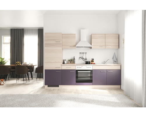 Bloc cuisine complète équipée Flex Well Focus 270 cm façade acacia aubergine mate, corps acacia variante réversible démonté