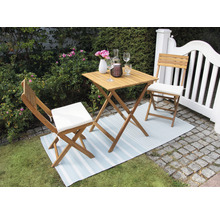 Scène de jardin avec table en bois, chaises et décoration sur un tapis rayé à l''extérieur.