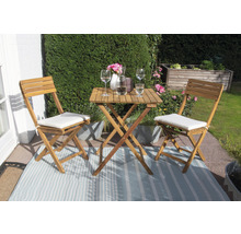 Scène de jardin avec table en bois, deux chaises en bois et décoration