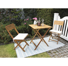 Scène de jardin avec table pliante et chaises pliantes avec coussins d''assise sur un tapis d''extérieur.