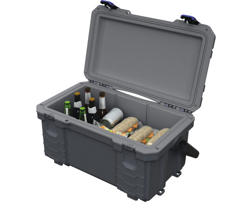 Geöffnete graue Kühlbox gefüllt mit Getränken und Snacks