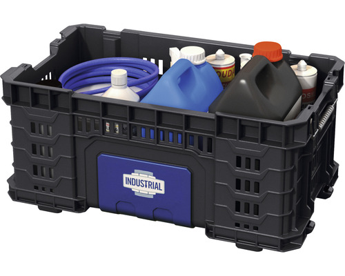 Schwarze Kunststoffbox gefüllt mit verschiedenen Behältern