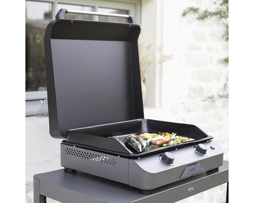 Grill à gaz Ena avec capot ouvert et légumes sur la surface de cuisson