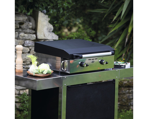 Gril à gaz avec couvercle, plateau de légumes et moulin à poivre dans le jardin