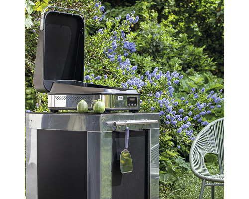 Station de grill avec plancha, meuble bas et ustensiles de barbecue dans le jardin