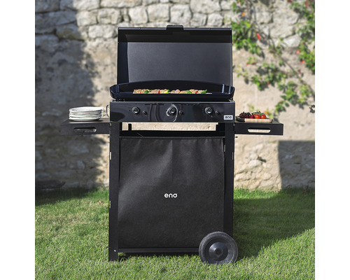 Barbecue Eno noir avec tablettes, roues et aliments à griller