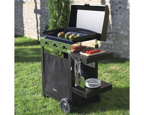 Chariot de grill avec plaque de cuisson, étagères et supports d''accessoires dans le jardin